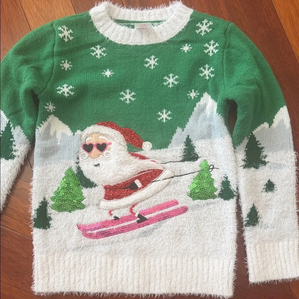 Holiday Time Green and White Santa Sweater for girls